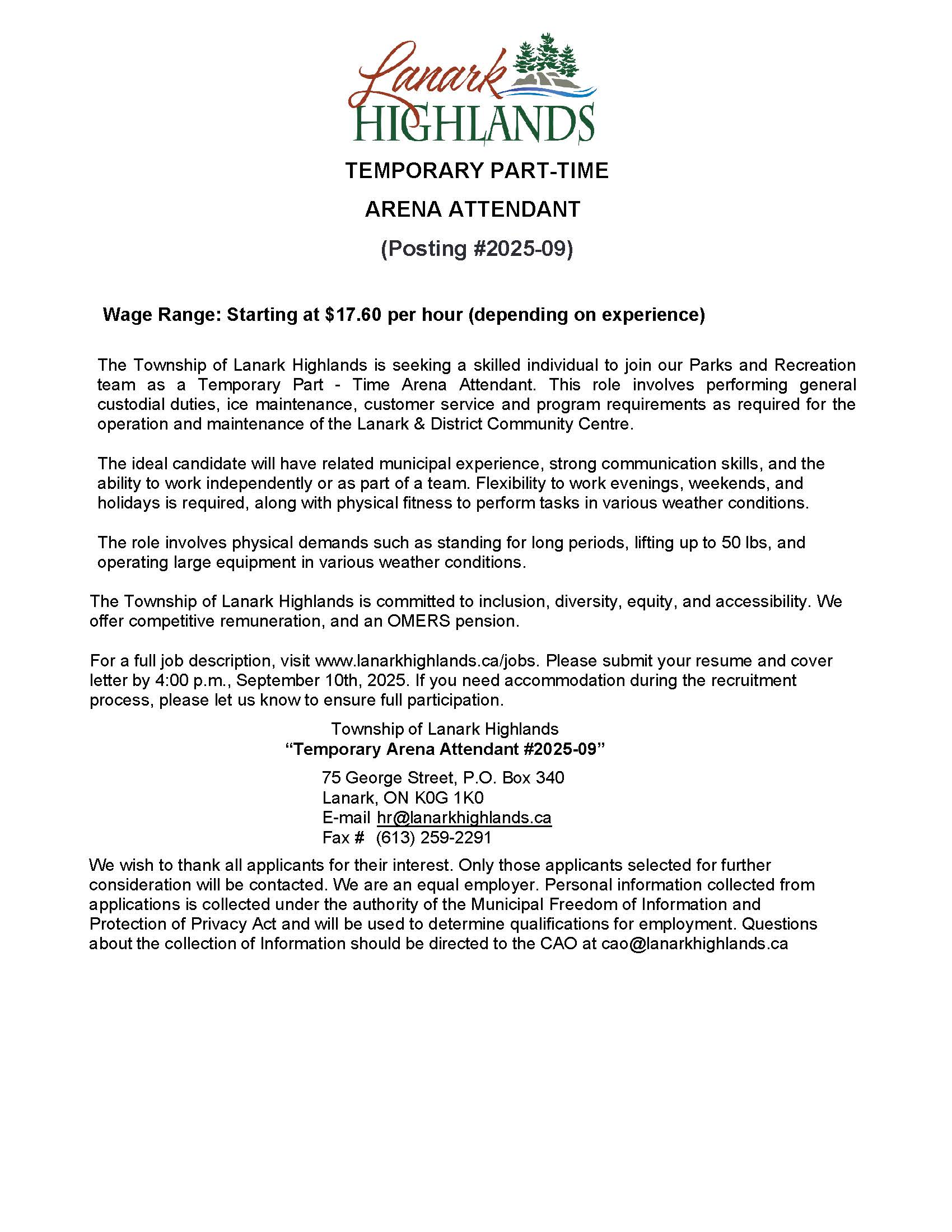 Seasonal Part Time Arena Attendant Job Posting Aug 2025