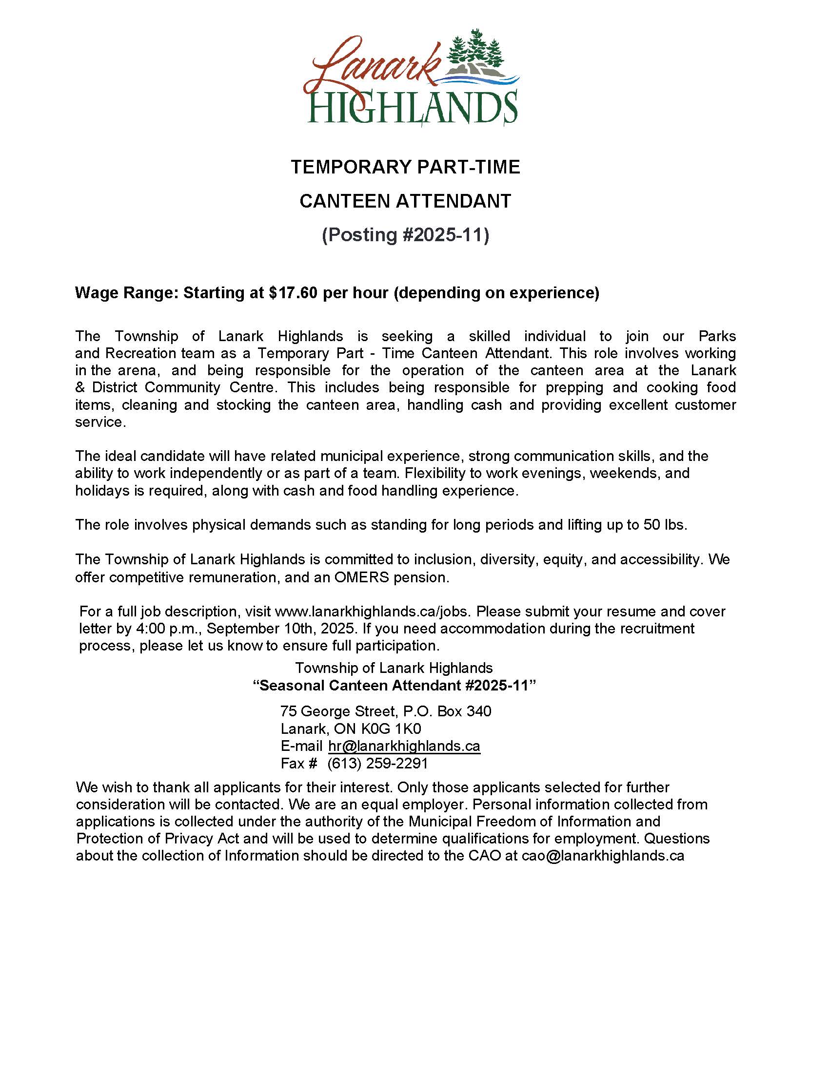 Seasonal Part Time Canteen Attendant Job Posting Aug 2025