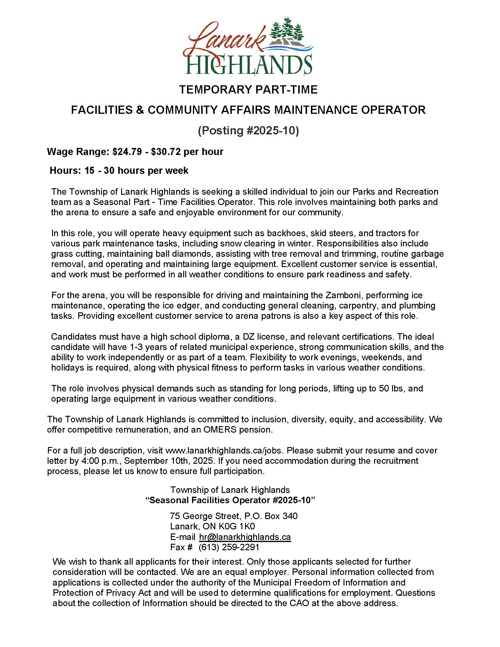 Seasonal Part Time Parks and Rec Operator Job Posting Aug 2025