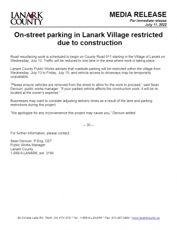Media Release - Lanark Village On-Street Parking Restricted